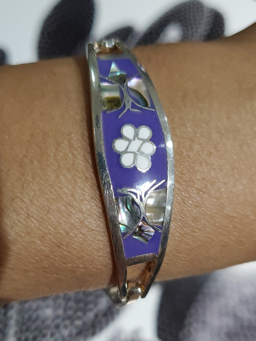 Alpaca Silver Floral Inlay Bracelet Butterfly Purple Design Mexico NWOT
